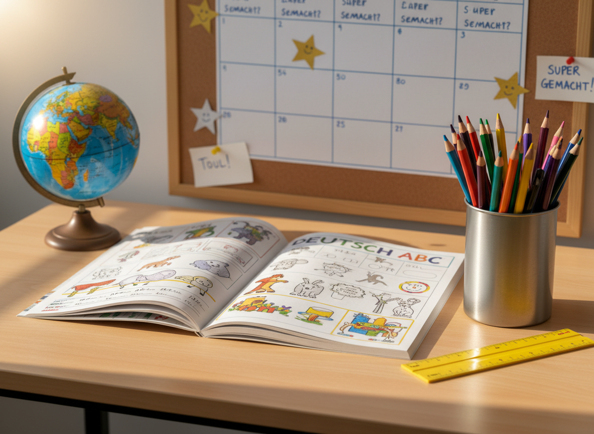 A neatly arranged primary school study corner on a light wooden desk, featuring an open German language workbook filled with colorful exercises, a stack of sharpened colored pencils in a metal cup, a bright yellow ruler, and a small globe with clearly visible continents. In the background, a cork pinboard holds tidy, handwritten timetables and cheerful, hand-drawn stars praising good work. Soft morning daylight streams in from an unseen window to the left, casting gentle shadows and warm highlights on the paper edges. Photographic realism, eye-level composition with a slight angle, shallow depth of field to blur the background, creating a calm, motivating, and professional atmosphere suitable for parents planning a successful primary school journey.