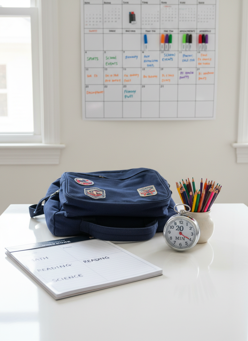 A tidy kitchen table transformed into a homework station, with a smooth white surface holding a closed navy-blue school satchel, a neatly labeled homework planner, and an analog kitchen timer set to 20 minutes beside a small pot of colored pencils. A large wall calendar in the background is filled with clear, color-coded family and school appointments. Soft, diffused afternoon light from a nearby window illuminates the scene, creating subtle reflections on the table and a focused, organized mood. Photographic realism, shot from a slightly elevated angle with balanced composition and moderate depth of field, emphasizing structure, routine, and harmonious family life during the primary school years without any people present.