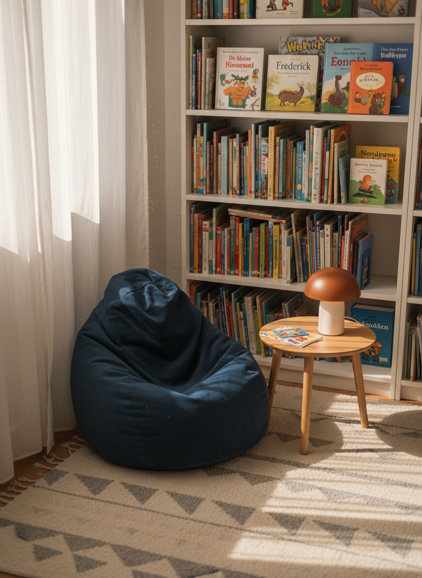 A cozy reading nook for primary school children, featuring a low white bookshelf filled with age-appropriate German children’s books, their colorful spines neatly aligned. A soft, dark-blue beanbag rests on a light rug with subtle geometric patterns, and a small wooden side table holds a reading lamp and a stack of bookmarks. Warm, indirect afternoon light enters through sheer curtains, casting gentle, elongated shadows and creating a serene, inviting mood. Photographic realism, shot at eye level with a slight angle into the corner, moderate depth of field to keep all key elements sharp, conveying a peaceful, screen-free space where children can develop strong reading skills while parents feel confident and supported.