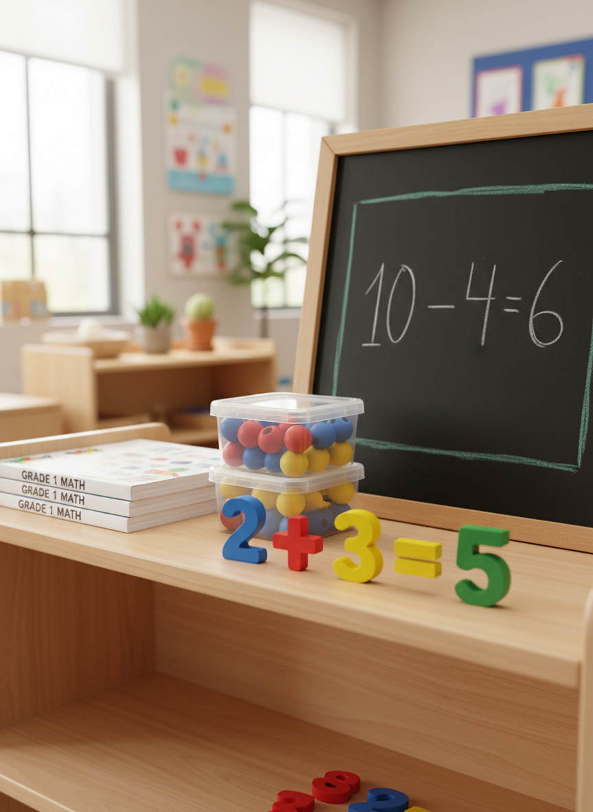 A close-up of a wooden classroom shelf with carefully arranged learning materials: stacks of labeled math workbooks, transparent boxes of counting beads, and a set of brightly colored number blocks forming a simple addition on the front edge. Behind them, a neatly written chalkboard shows a clear, simple arithmetic problem with a green chalk border drawn around it. The room is bathed in soft, even daylight from large unseen windows, creating a calm and focused atmosphere. Photographic realism, eye-level composition, crisp focus on the materials with a gently blurred background, clean and modern aesthetic that emphasizes clarity, structure, and the joy of learning basic math in primary school.