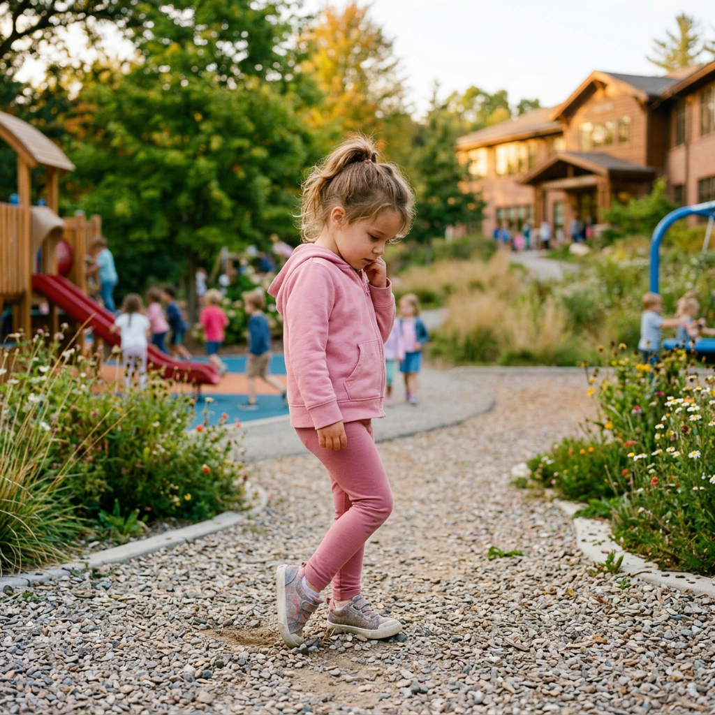 Young girl in pink outfit standing alone on playground path with other children playing in background