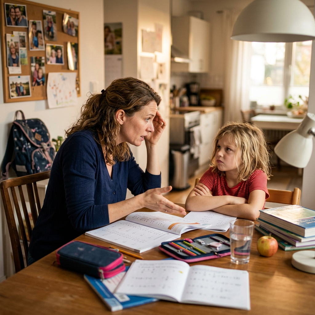 Adult woman helping young girl with homework at a kitchen table