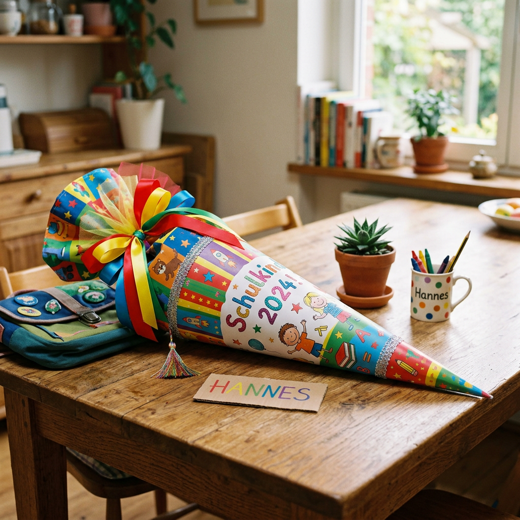 Colorful school cone with ribbons and illustrations labeled Schulkind 2024 on wooden table