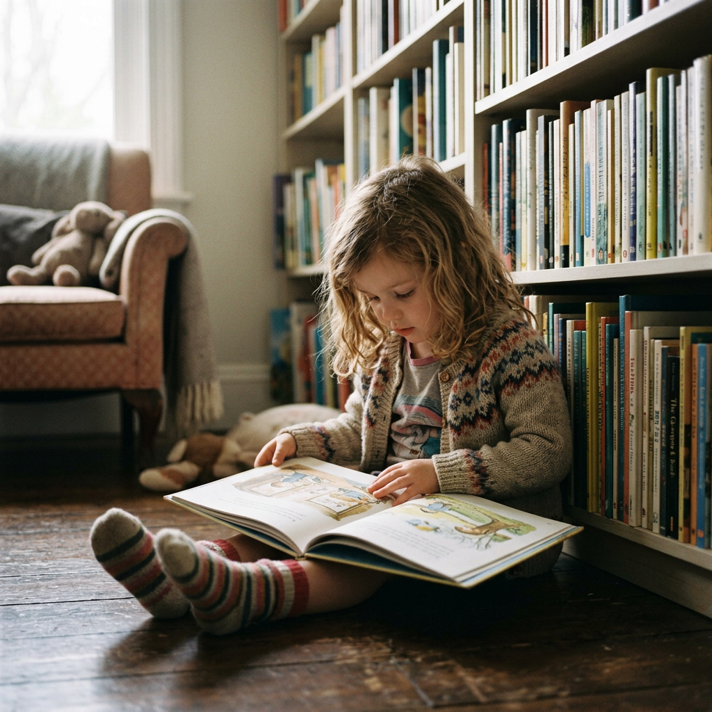 Child sitting on wooden floor reading a picture book in cozy room